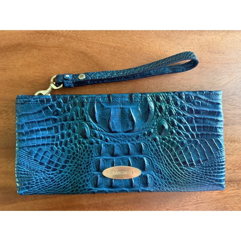 Brahmin Melbourne Peacock Blue Croc Embossed Leather Wristlet Clutch Wallet